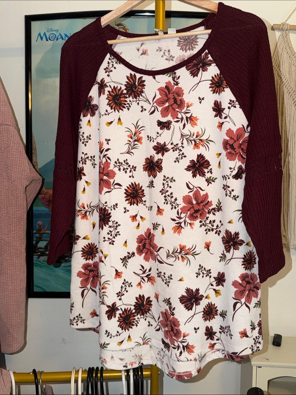 Women's Floral Raglan Long Sleeve Top - Burgundy/White